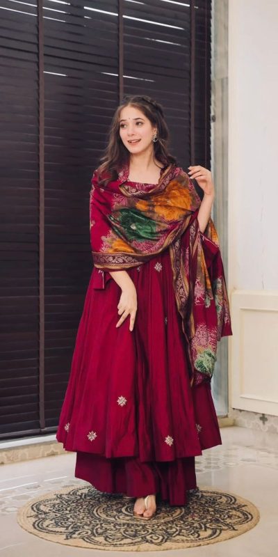 Grand Maroon Color Chinnon Silk Embroidery Work Salwar Suit