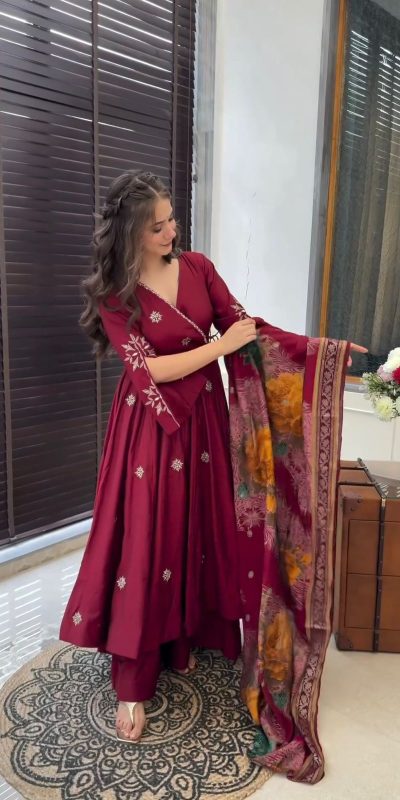 Grand Maroon Color Chinnon Silk Embroidery Work Salwar Suit