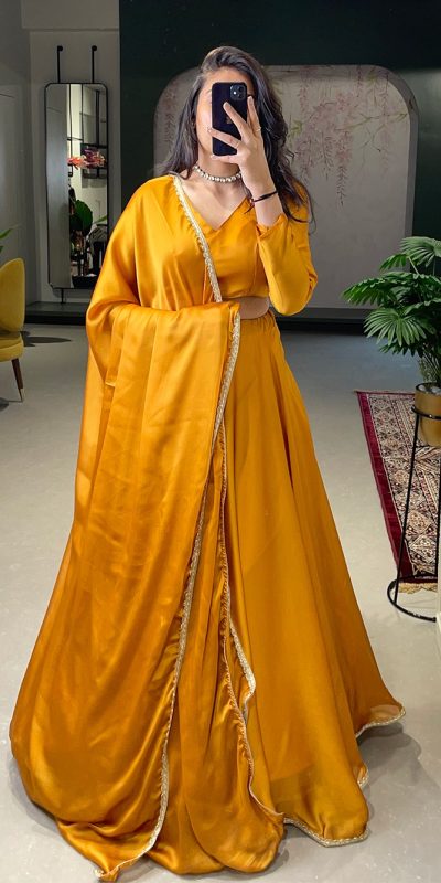 Grand Mustard Color Rangoli Silk Plain Lace Border  Lehenga Choli