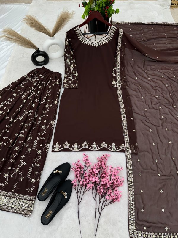 Luminous Coffee Color Georgette Embroidery Sequence Salwar Suit