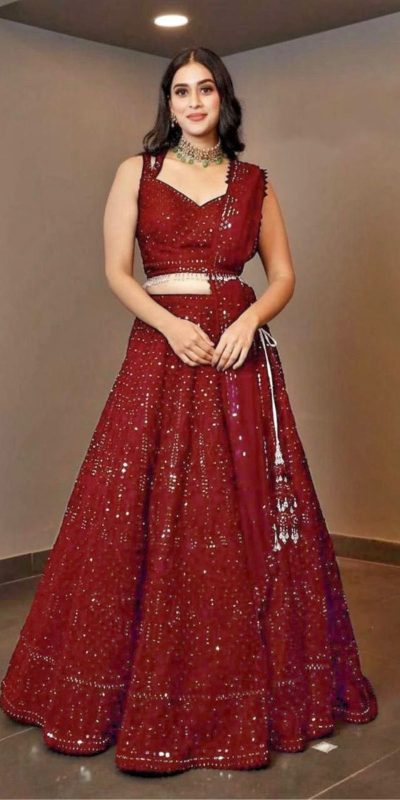 Luminous Red Color Georgette Embroidery Work Lehenga Choli