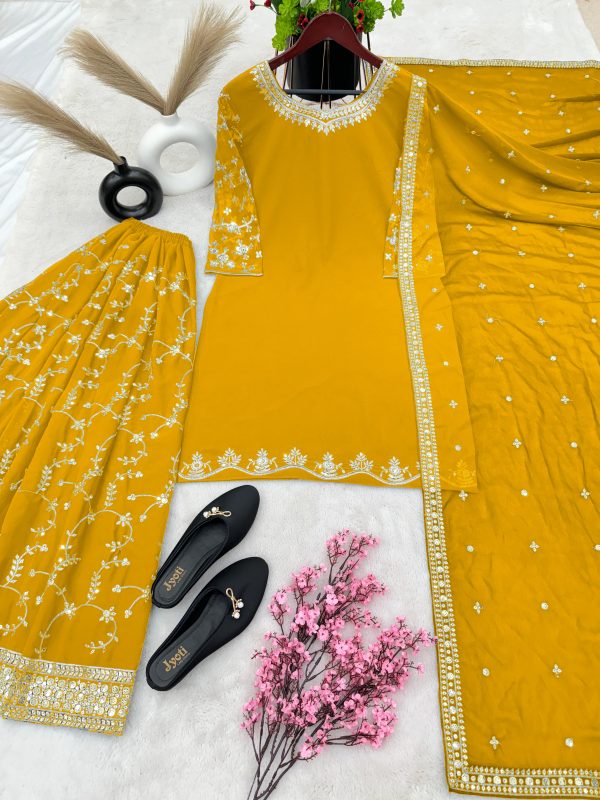 Luminous Yellow Color Georgette Embroidery Sequence Salwar Suit