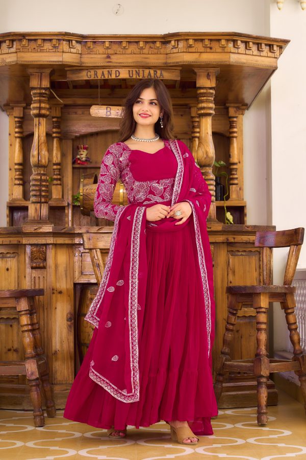 Majestic Maroon Color Fox Georgette Sequence Embroidery Gown