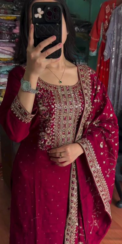 Majestic Red Color Chinon Silk Embroidery Work Sharara Suit