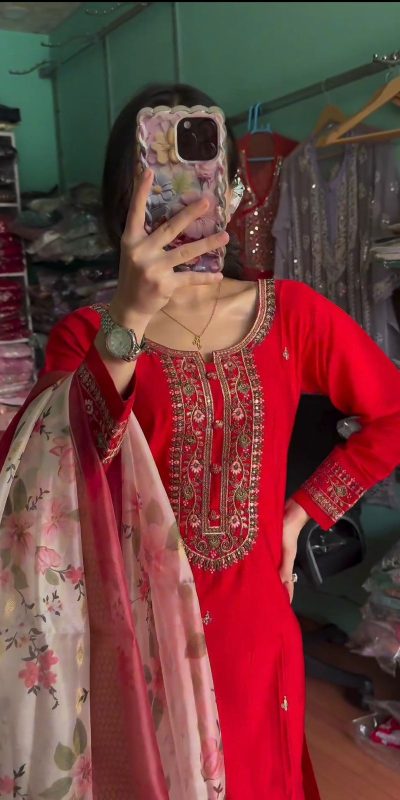 Majestic Red Color Chinon Silk Embroidery Work Sharara Suit