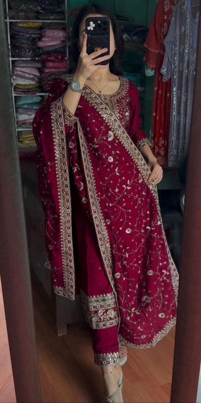 Majestic Red Color Chinon Silk Embroidery Work Sharara Suit