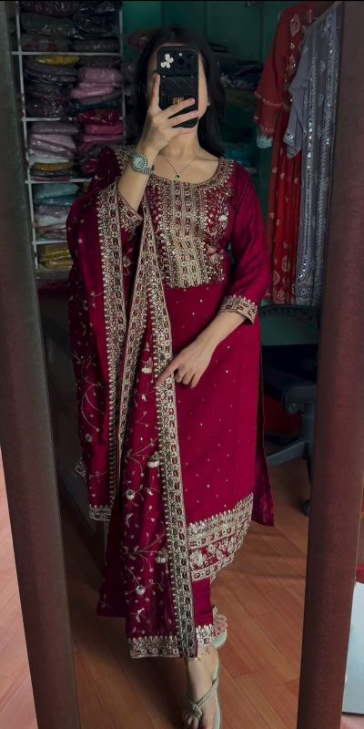 Majestic Red Color Chinon Silk Embroidery Work Sharara Suit