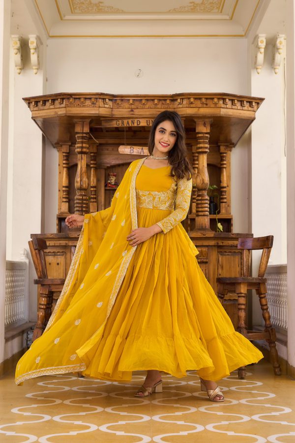 Majestic Yellow Color Fox Georgette Sequence Embroidery Gown