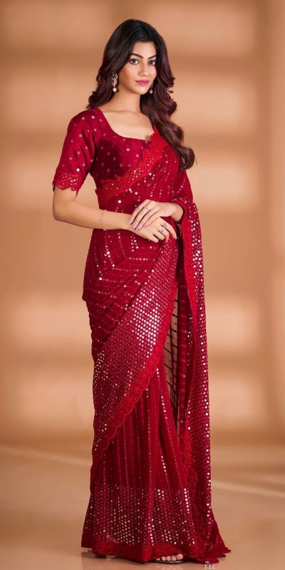 Mystical Maroon Color Soft Georgette Fancy Beautiful Saree