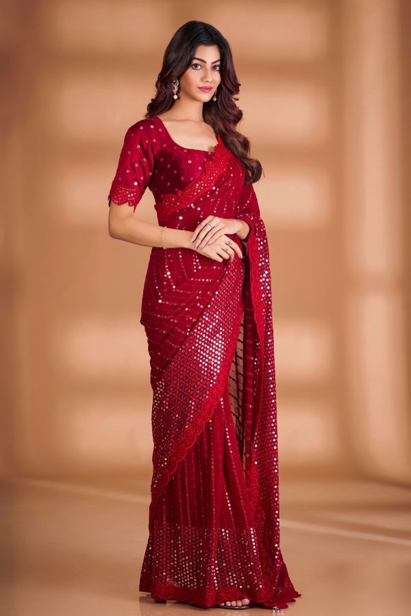 Mystical Maroon Color Soft Georgette Fancy Beautiful Saree