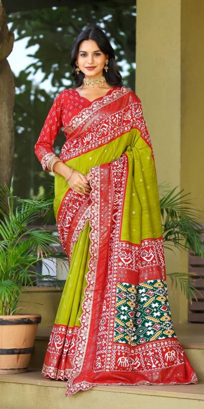 Mystical Parrot Green Color Rich Ikkat Pallu Embroidery Saree