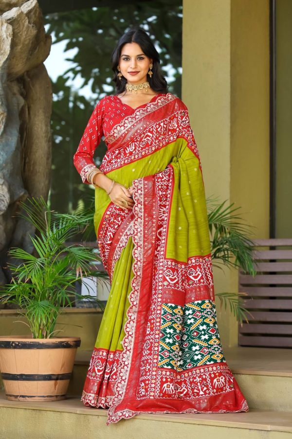 Mystical Parrot Green Color Rich Ikkat Pallu Embroidery Saree