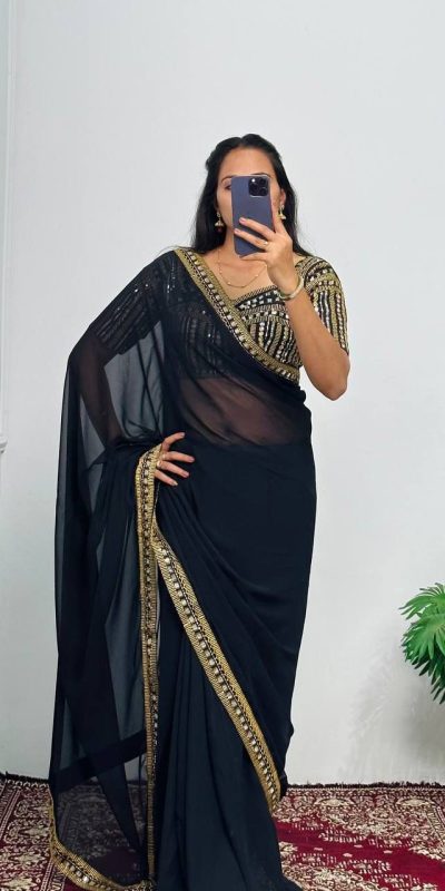 Nice Black Color Georgette Embroidery Lace Border Work Saree