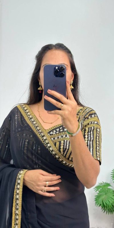 Nice Black Color Georgette Embroidery Lace Border Work Saree