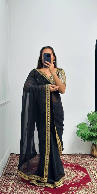 Nice Black Color Georgette Embroidery Lace Border Work Saree