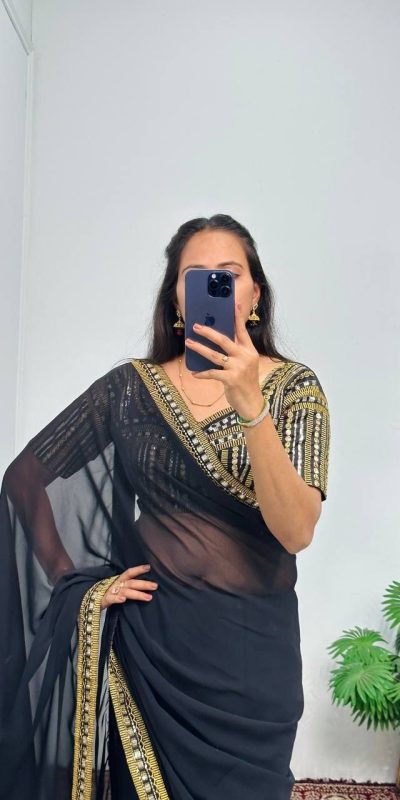 Nice Black Color Georgette Embroidery Lace Border Work Saree