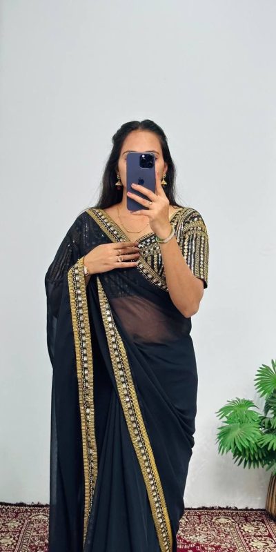 Nice Black Color Georgette Embroidery Lace Border Work Saree