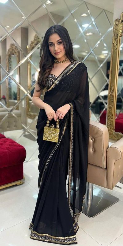 Nice Black Color Georgette Embroidery Lace Border Work Saree