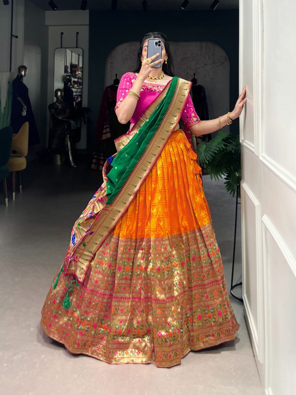 Orange Jacquard Zari Weaving Work Lehenga Choli