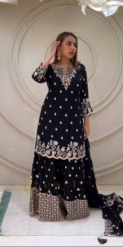 Peaceful Black Color Chinnon Silk Embroidery Work Salwar Suit