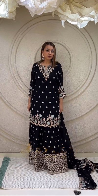 Peaceful Black Color Chinnon Silk Embroidery Work Salwar Suit