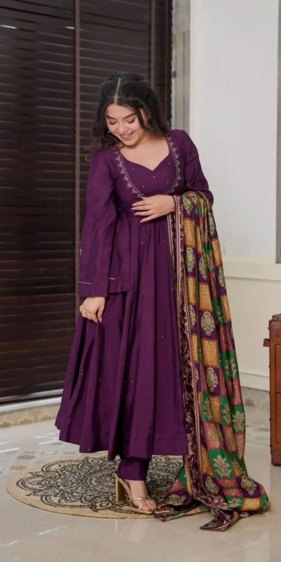 Peaceful Purple Color Chinnon Silk Embroidery Work Salwar Suit
