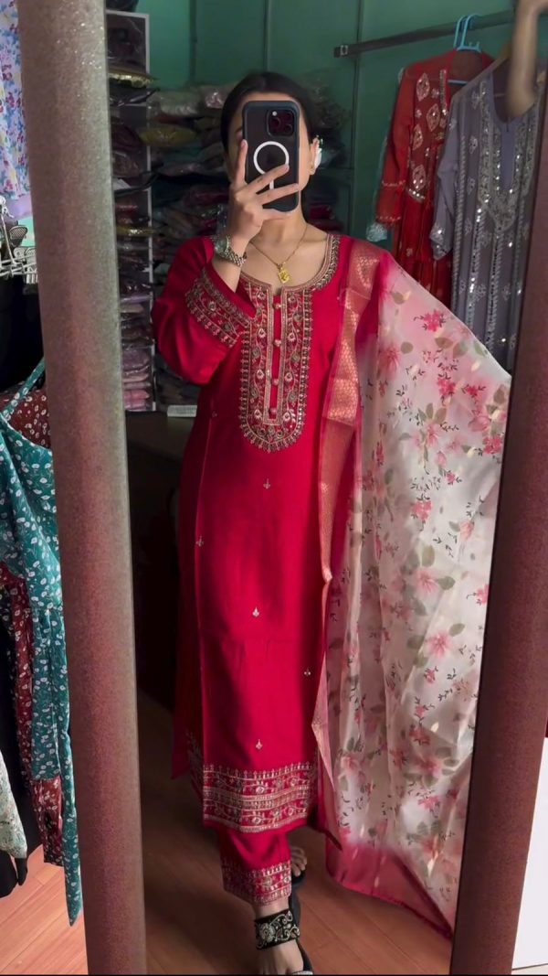 Peaceful Red Color Chinnon Silk Embroidery Sharara Suit