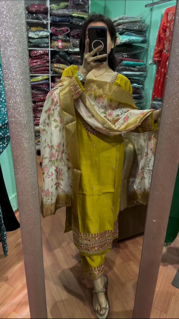 Peaceful Yellow Color Chinnon Silk Embroidery Sharara Suit