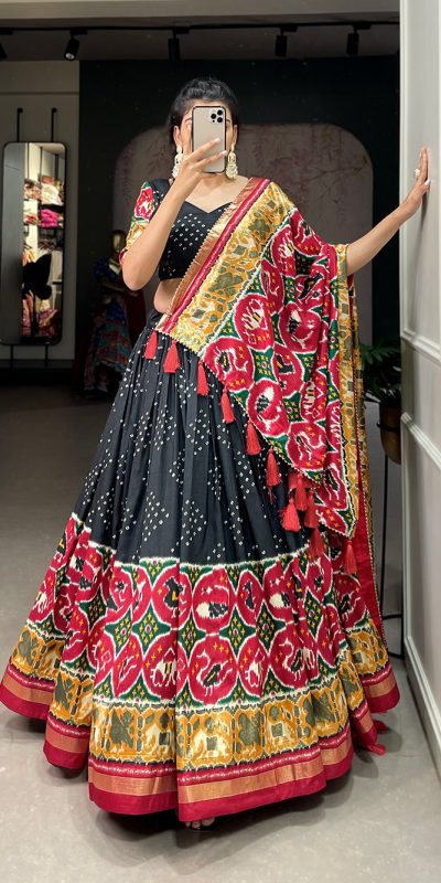 Perfect Black Color Tussar Silk Patola Printed Lehenga Choli