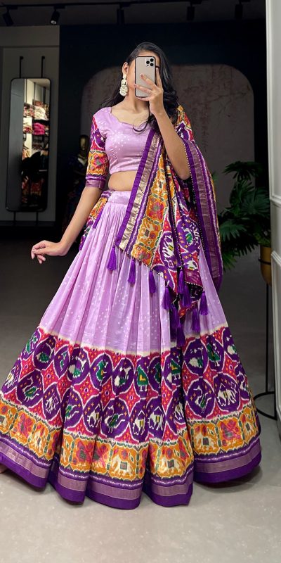 Perfect Lavender Color Tussar Silk Patola Printed Lehenga Choli