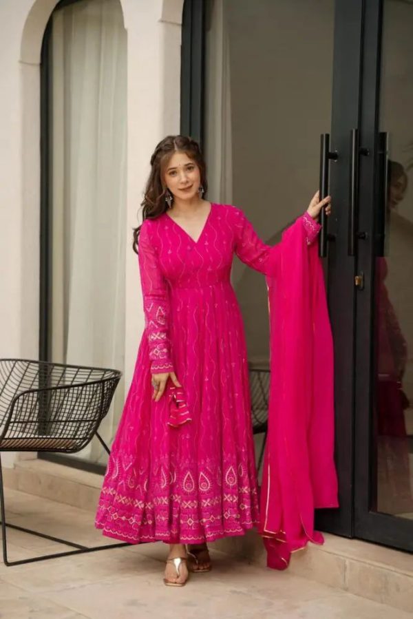 Perfect Pink Color Faux Georgette Sequence Thread Anarkali Suit