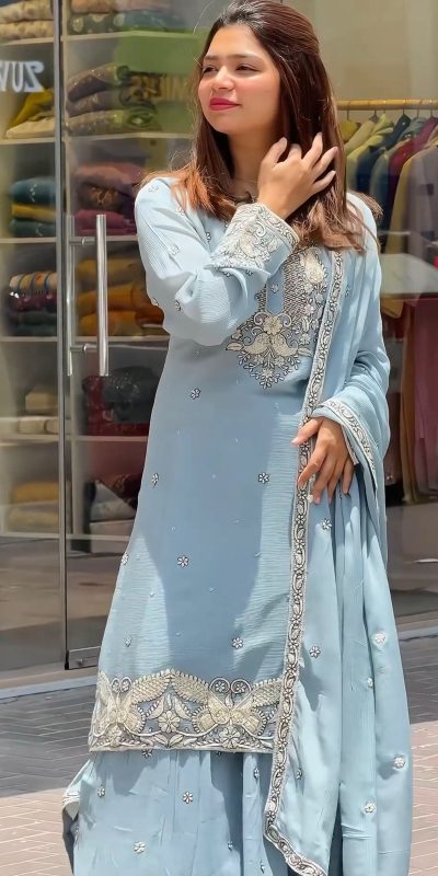 Perfect Sky Blue Color Georgette Embroidery Sequence Salwar Suit