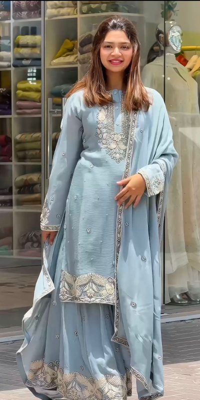 Perfect Sky Blue Color Georgette Embroidery Sequence Salwar Suit
