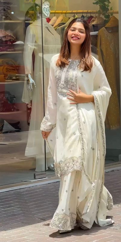 Perfect White Color Georgette Embroidery Sequence Salwar Suit