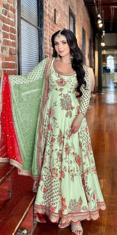 Pretty Green Color Georgette Embroidery Diamond Anarkali Suit