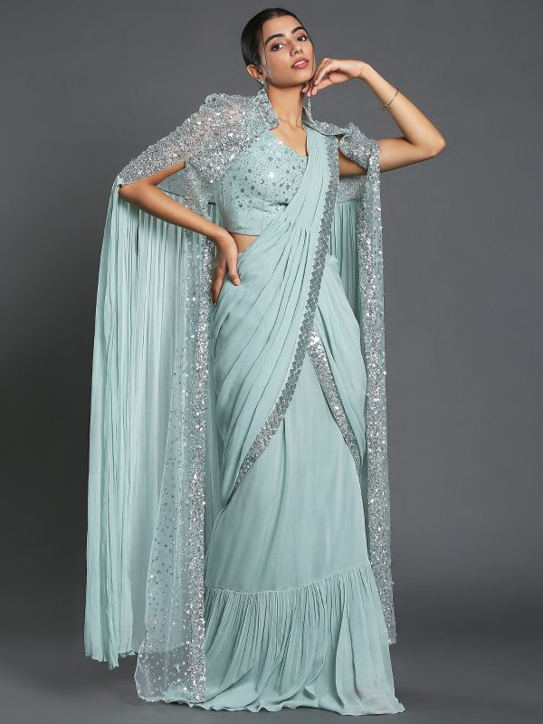 Pretty Light Blue Color Georgette Sequence Beautiful Frill Saree