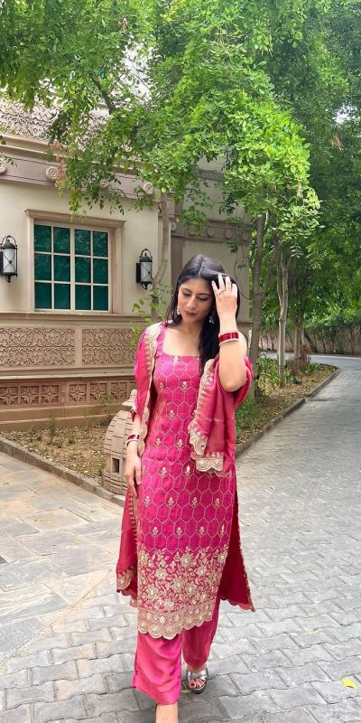 Pretty Pink Color Chinnon Silk Embroidery Work Sharara Suit