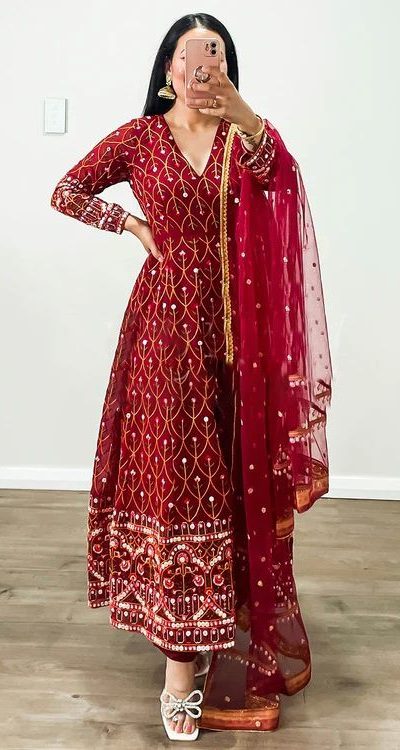 Pretty Red Color Georgette Thread Sequence Work Salwar Suit