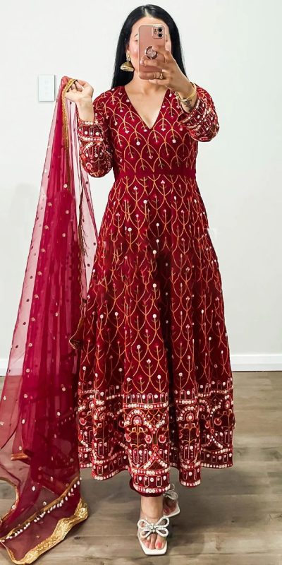 Pretty Red Color Georgette Thread Sequence Work Salwar Suit