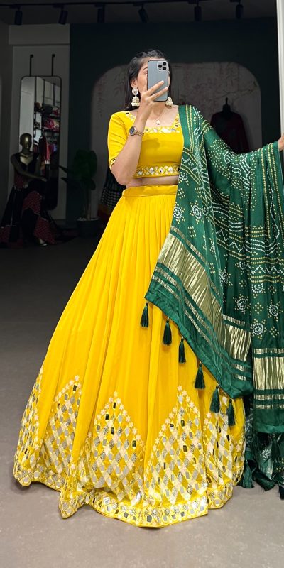 Pretty Yellow Color Georgette Sequins Embroidery Lehenga Choli