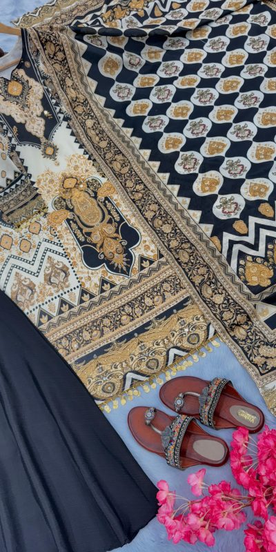 Pure Black Color Chinon Silk Digital Printed Work Sharara Suit