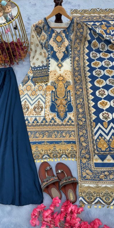 Pure Blue Color Chinon Silk Digital Printed Work Sharara Suit