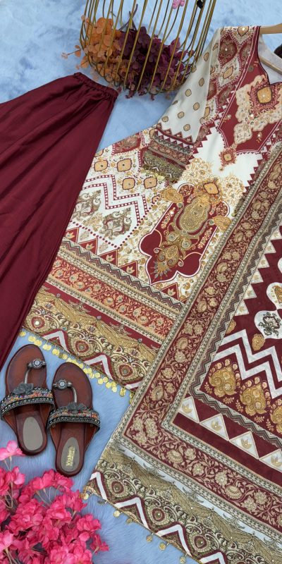 Pure Maroon Color Chinon Silk Digital Printed Work Sharara Suit