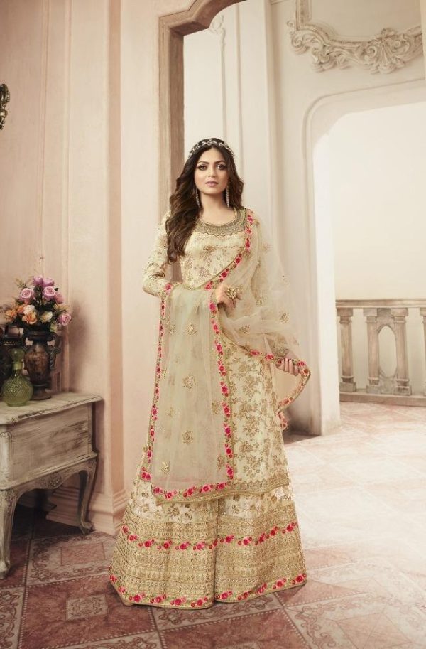 Special Cream Color Jacquard Silk Georgette Diamond Sharara Suit