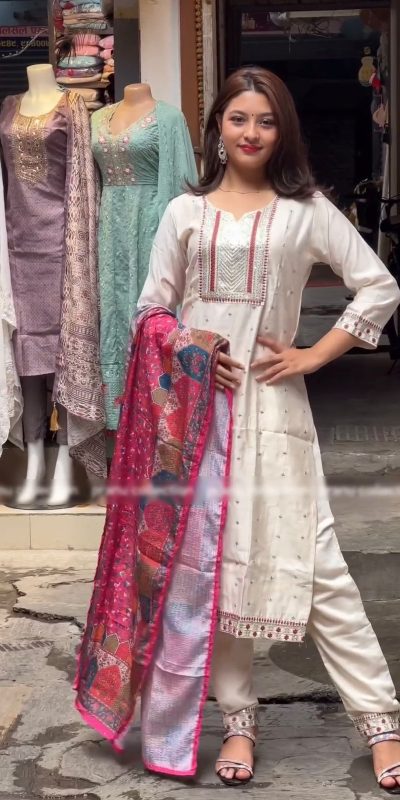 Special White Chinnon Silk Malty Thread Embroidery Salwar Suit