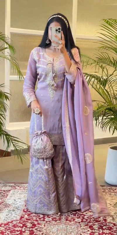 Special White Chinnon Silk Malty Thread Embroidery Salwar Suit