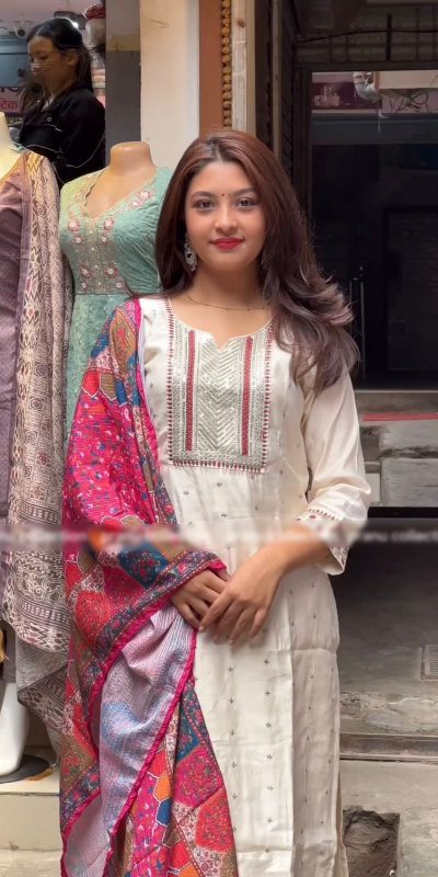 Special White Chinnon Silk Malty Thread Embroidery Salwar Suit