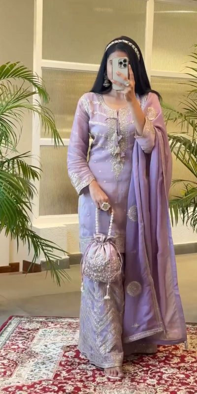 Special White Chinnon Silk Malty Thread Embroidery Salwar Suit