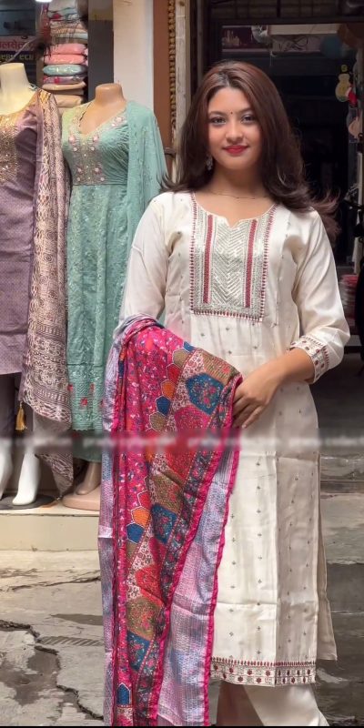 Special White Chinnon Silk Malty Thread Embroidery Salwar Suit