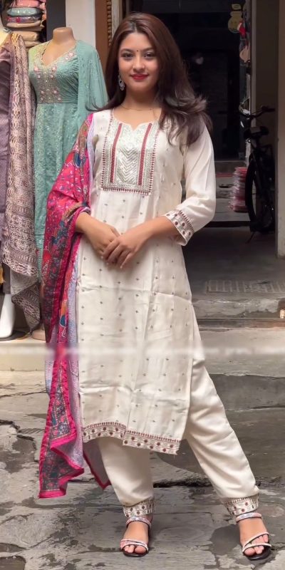 Special White Chinnon Silk Malty Thread Embroidery Salwar Suit